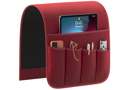 Sofa Armrest Organizer Non-Slip Remote Control Holders for Recliner Couch Chair Armchair Caddy with 5 Pockets for Table,Cell Phone,Ipad,Magazines,Books (Winered, 13 x 35 Inch) - color: Winered, size: 13 x 35 Inch