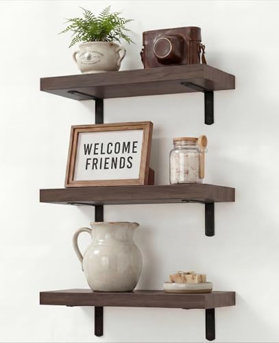 LifetimeWarranty Easy Install Wall Shelves with Brackets,15.7 Inch Wall Mounted Wood Floating Wall Shelf, Small Wall Shelf for Storage&Home Decor, Living Room,Kitchen,Office,Book Corner Shelf,Set of 3 - color: Brown L-bracket