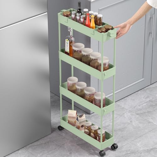 SPACELEAD Slim Storage Cart 4 Tier,Bathroom Organizer Rolling Utility,Mobile Shelving Unit Slide Out for Office, Kitchen, Laundry Room & Narrow Places，Green - color: Green