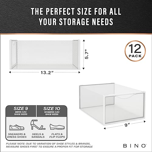 BINO 12-Pack Plastic Stackable Shoe Box Set - Clear | Foldable Shoe Storage Container | Sneaker Bins | Shoe Rack Box | Transparent | Portable Stacking Shoe Boxes Front Open
