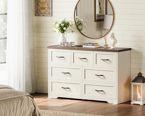AODK Farmhouse 7 Drawer Dresser for Bedroom, 47” Wide Rustic Storage Chest with Engineered Wood Frame, Anti-Tip Design, American Country Bedroom Furniture, Walnut & Vintage White - color: Walnut & Vintage White, size: 15.7"D x 47"W x 29.8"H (7 Drawers)
