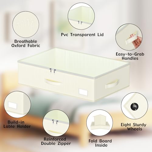 EE-RoomWorld Under Bed Storage with Wheels, No Assemble Required 7.5 inches height Under Bed Storage bins,Large capacity Rolling Underbed Shoe Storage containers，dorm underbed storage drawers - color: Beige, size: 7.5 inch height