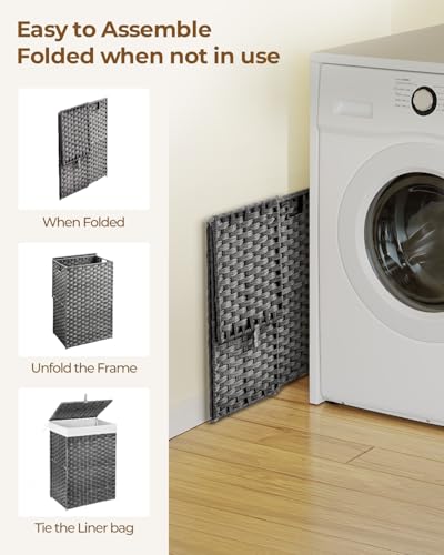 Greenstell Laundry Hamper with Lid, 60L Clothes Hamper with 2 Removable Liner Bags & 2 Mesh Laundry Bags, Handwoven Synthetic Rattan Laundry Basket for Clothes, Toys in Bathroom, Bedroom Grey - color: Gray, size: 60L (13.4 x 13.4 x 21.7 inches)