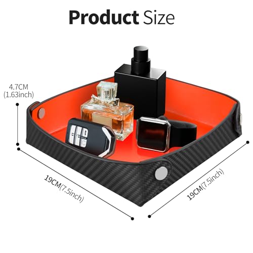 Leather Carbon Fiber Desktop Storage Tray, Decorative Catchall Organizer for Keys, Wallet, Watch, Jewelry, Entryway Table - color: Orange