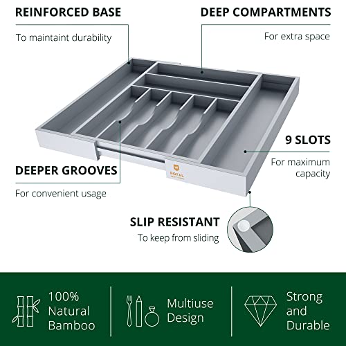 ROYAL CRAFT WOOD Luxury Bamboo Kitchen Drawer Organizer - Silverware Organizer - Utensil Holder and Cutlery Tray with Grooved Drawer Dividers for Flatware and Kitchen Utensils (9 Slot, Gray) - color: Gray, size: 9 Slot