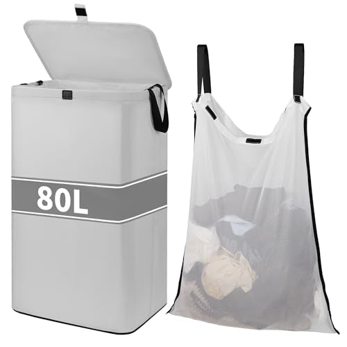 80L Large Laundry Hamper with Lid, Foldable Laundry Bag for Washing Machine with Removable Inner Bag, Dirty Hampers for Bedroom, Bathroom,Laundry Room, College (White) - color: White