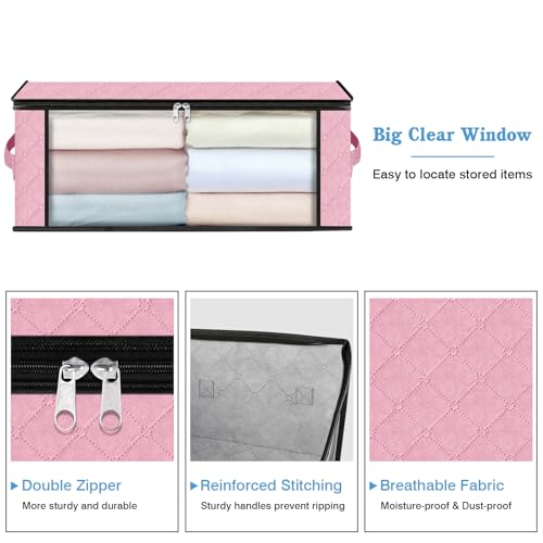 HomeHacks Storage 3-Pack Clothes Organizer Storage Bags Foldable Storage Box with Large Clear Window Sturdy Handles for Closet, Dorm, Pillows, Bedding, Clothes, Blankets, 35L, Pink - color: Pink