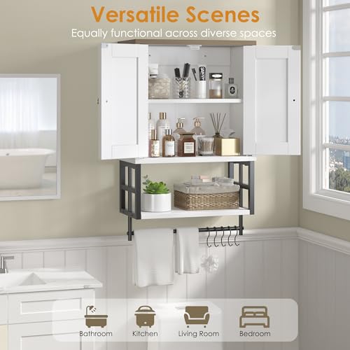 Farmhouse Medicine Cabinet - 3-Tier Wall Mounted Storage Organizer with Adjustable Shelves, Towel Bar, 5 Hooksfor Small Bathroom, Laundry Room, Over Toilet, Living Room, Bedroom (White) - color: White, size: 15.79 inches x 7.87 inches x 24.4 inches