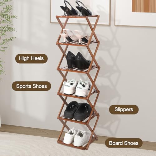 Bamboo Shoe Rack 6 Tier Foldable Shoe Rack Narrow Vertical Shoe Organizer Free Standing Shelf, Multifunctional Slim Storage for Entryway, Corner, Bedroom, Hallway, Walnut Color - color: Walnut Color, size: 6-tier