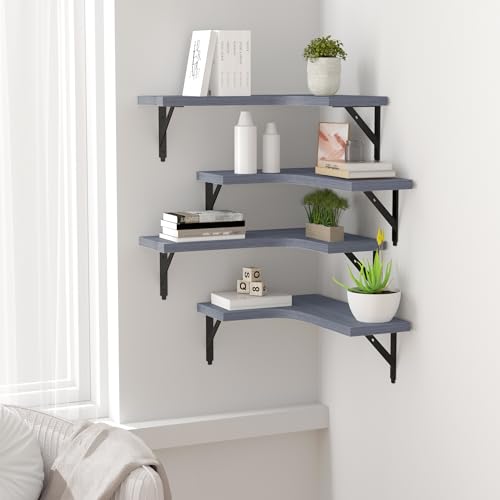 ROMGUAR CRAFT Corner Floating Shelves Wall Mounted Set of 4, Rustic Wood Storage Display Shelves for Home Decor, Bathroom, Kitchen, Bedroom, Living Room, Office (Grey) - color: Grey