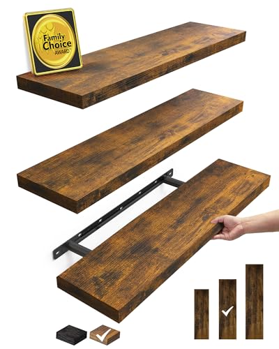 BAYKA Floating Shelves for Wall, Set of 3, 22.5 Inch Rustic Wood Wall Mounted Shelving for Bathroom, Bedroom, Living Room or Kitchen, Hanging Display Decor Book Shelf with 22 lbs, Rustic Brown - color: B. Rustic Brown - Americana Farmhouse Style, size: 22