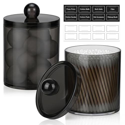 2 Pack Acrylic Qtip Holder Dispenser for Cotton Swabs, Balls, Pads, Floss Picks- Clear Plastic Canister Apothecary Jar Set, Bathroom Essentials Accessories Decor Vanity Makeup Storage Organizer -Black - color: Black, size: 2 Pack