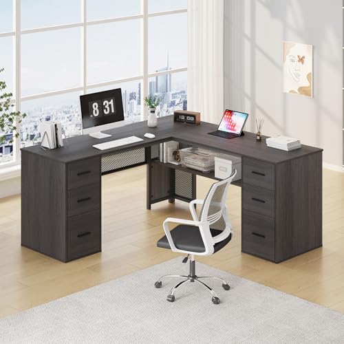 HSH L Shaped Corner Home Office Desk with Drawers, Large Computer Desk with Storage File Cabinet Shelves, Rustic Wood Metal Computer Table for Bedroom Executive Work Study Writing, Dark Gray, 59 Inch - color: Dark Gray Oak