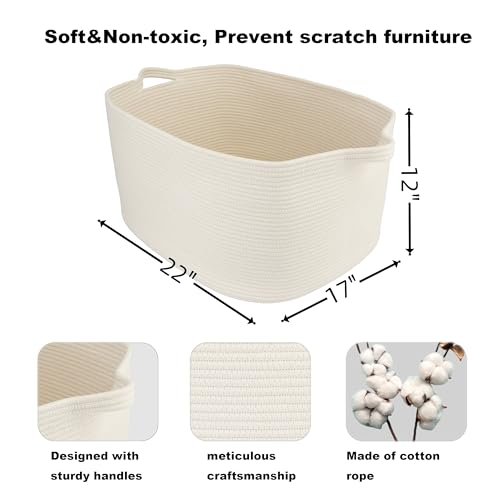 XUANGUO Large Rectangle Blankets Basket Living Room 22"x17"x12" Woven Cotton Rope Storage Baskets for Nursery Toy Baskets for Kids and Dogs Wicker Laundry Basket Bin for Clothes Towels white - color: white