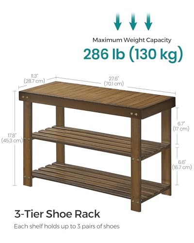 SONGMICS Shoe Rack Bench, 3-Tier Bamboo Shoe Storage Organizer, Entryway Bench, Holds Up to 286 lb, 11.3 x 27.6 x 17.8 Inches, for Entryway Bathroom Bedroom, Yellow Brown ULBS04WL - color: Yellow Brown, size: 27.6"W