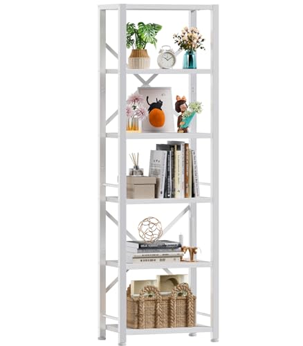 Furologee White Tall Bookshelf, Narrow Bookcase with 6 Shelves, Modern Freestanding Shelf Units, Metal and Wood Display Storage Corner Rack Organizer for Living Room, Home Office, Hallway, Bathroom - color: White, size: 6 Tier - 15.3"W