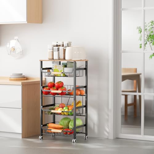 NiuYichee 5-Layer Fruit Basket Kitchen Food Organizer and Rack, Stackable Storage Cart with Desktop, Pull-Out Hollow Metal Basket, Wheeled Sorting Rack Spice Rack, Black - color: Black 5-layer Rack