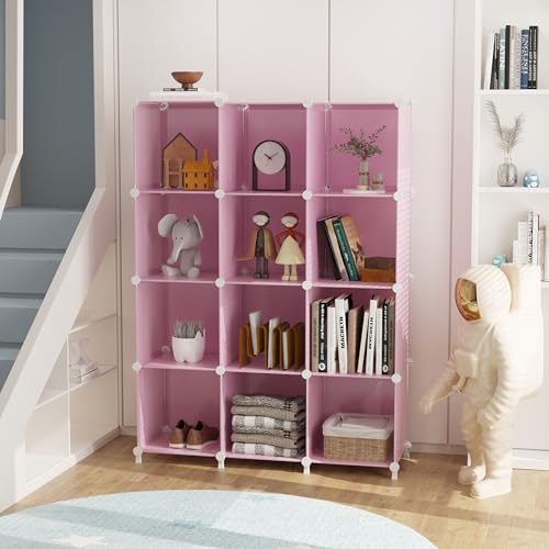 AWTATOS Cube Storage Organizer Protable Closet Organizers and Storage for Kids DIY Stackable 12 Cube Storage Shelves Clothes Organizer for Bedroom, Home, Pink - color: Pink