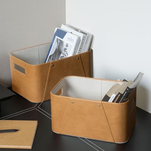 LA JOLIE MUSE Storage Baskets for Organizing, 2 Pack, Storage Cube Boxes Luxury Brown Vegan Leather for Closet Shelf Cabinet Bookcase Camel - color: Camel