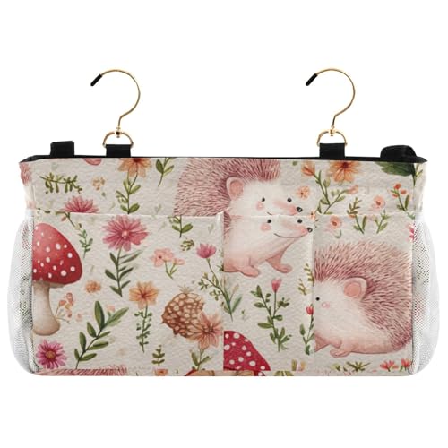 Bedside Caddy Metal Frame Hanging Organizer Bunk Bed Dorm Accessories Hook And Loop Storage Bag Large Pockets Cute Hedgehogs Mushroom Pink - color: Cute Hedgehogs Mushroom Pink
