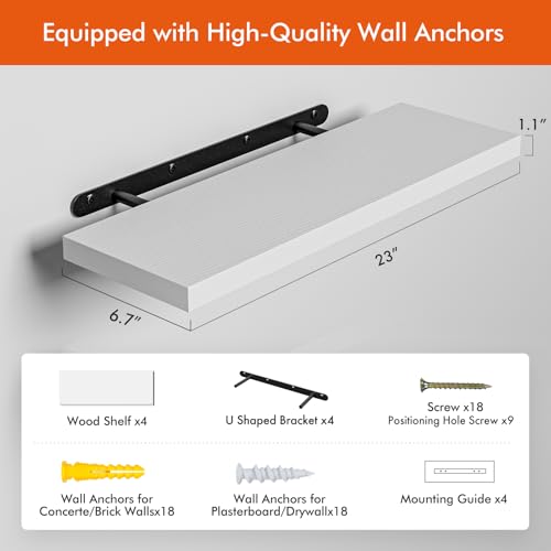 YUFLINX 23’’White Floating Shelves for Wall,Rustic Wood Shelf for Room Decor/Storage/Display,Small Bookshelf,Wall Mounted Hanging Shelves for Bedroom, Bathroom, Living Room, Kitchen,Set of 4 - color: White, size: 23in