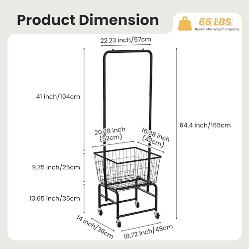 Rolling Laundry Cart with Wheels, Laundry Hamper Basket Organizer with Clothes Hanging Rack, Wire Storage Cloth Shelf Butler, Black - color: Black
