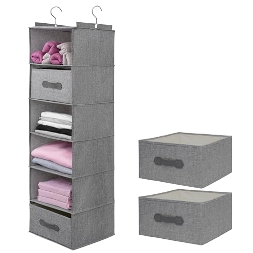 Large Hanging Sweater Organizer for Closet,Collapsible 6-Shelf Hanging Closet Shelves with Drawers, Washable (Grey-6 Shelf-2 d) - color: Dark Gray, size: 6 Shelf with 2 drawers