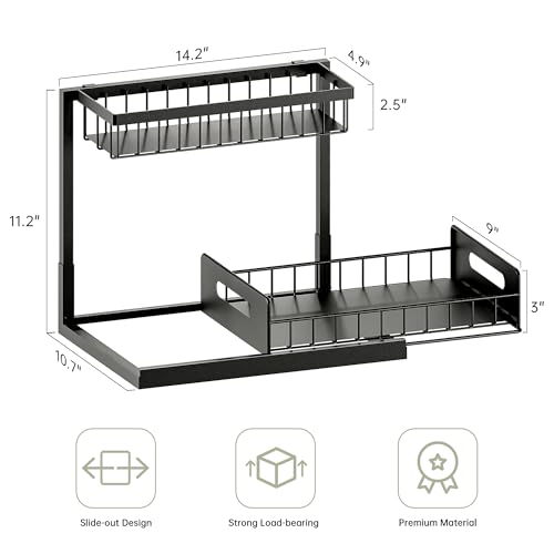 VUSIGN Under Kitchen Sink Organizer 2 Tier, Pull Out Bathroom Sink Organizers and Storage, Cabinet Kitchen Bathroom Storage Organization Shelf, 1 Pack Black