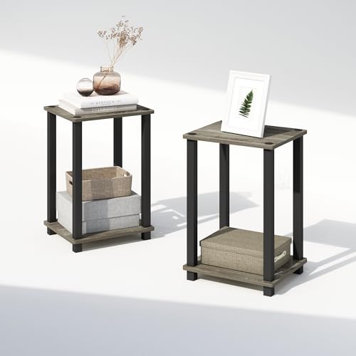 Furinno Simplistic Night Stand Set of 2, 2-Tier Small Nightstand with Open Shelf, Toolless Assembly Bedside Table, End Table, Side Table, for Bedroom, Closet, Dorm, French Oak - color: French Oak/Black, size: 2-Tier, Square Tubes, style: 2-Pack