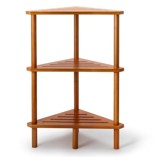 Yoshiky 3-Tier Free Standing Corner Shower Caddy, Bamboo Wood Bathroom Shower Shelf Table for Inside Shower Organizer & Storage Foot Rest Shower Stool
