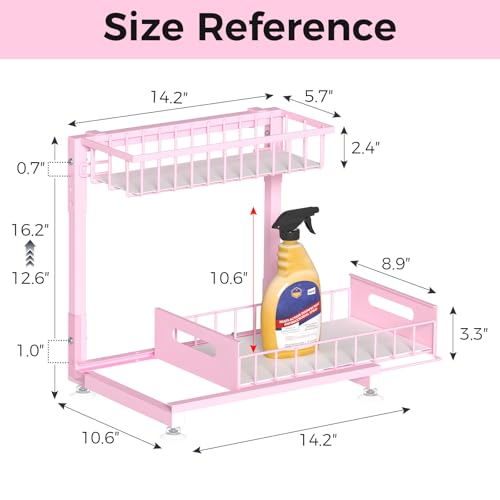 L-Shaped Under Sink Organizer, 2 Pack 2-Tier Pull Out Metal Kitchen Cabinet Organizer with Sliding Storage Drawer, Height Adjustable Heavy Duty Under Bathroom Sink Storage for Cleaning Supplies - color: Pink V2.0, size: 2 Pack