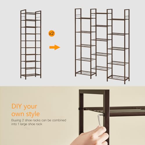 usikey 10 Tiers Narrow Shoe Rack 20-30 Pairs, Sturdy Metal Tall Shoe Rack Shelf with 4 Hooks, Slim Shoe Storage with Metal Shelf, Space Saving Vertical Shoe Organizer for Entryway Bronze UNYXJX018A - color: 10 Tier ( 17.9 X 11 X 69.2 Inches)-bronze