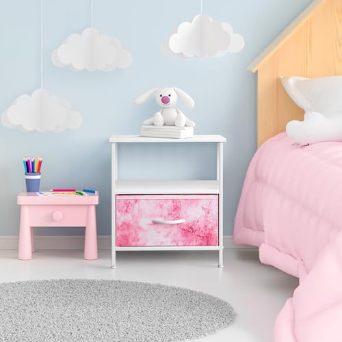 Sorbus 1 Drawer Shelf Storage Nightstand - Kids Bedside Furniture End Table Night Stand with Steel Frame Wood Top & Easy Pull Fabric Bins. Dresser & Chest for Home Bedroom Accessories Office & College - color: Tie-dye Pink, style: 1 Drawer
