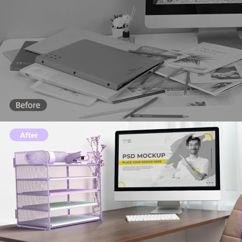 Letter Tray Paper Organizer 5-Tier Desk Organizer File Organizer Paper Holder with Handle, Metal Desktop Document Shelf Tray Office Classroom Organization - Purple - color: Purple