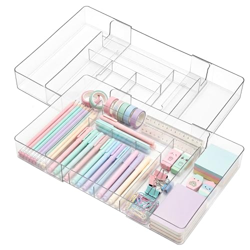 Briwooody 2 Pcs Large Expandable Acrylic Drawer Organizers, Grid Adjustable Drawer, Dividers Organizer for Desk, Makeup, Jewelry, Office, Kitchen Supplies (Clear,8 Compartments) - color: Clear, size: 8 Compartments