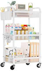 YASONIC 3 Tier Rolling Cart – Metal Utility Storage Carts with Wheels, Craft Carts Organizer with Hanging Cups, Hooks, Mesh Basket for Bedside Kitchen Office Art, White - color: White