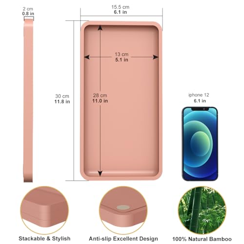 Bathroom Vanity Tray for Countertop - Bamboo Organizer Tray for Dresser Tops, Toilet, Perfume Small Decorative Tray Wood Tray for Home Decoration 11.81” L x 6.1” W x 0.79” H (Pink) - color: Pink, size: 11.8" x 6.1" x 0.8"