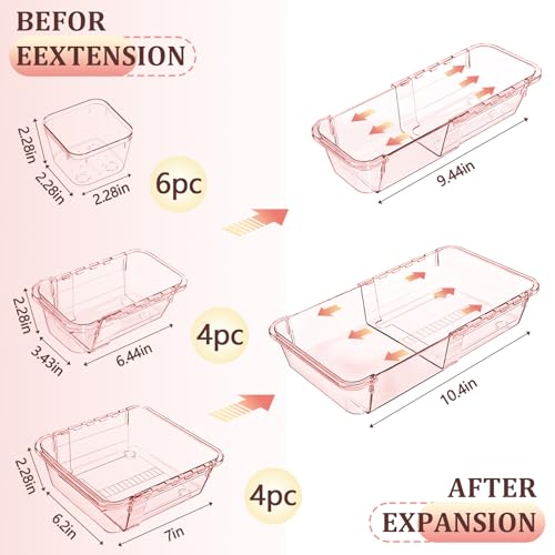 14 Pcs Clear Drawer Organizer, Adjustable Drawer Storage Box, 3-Size Desk Drawer Organizer, Acrylic Storage Bins for Makeup, Kitchen Utensils, Bedroom Dressers Tool Organizer for Gadgets, Pink - color: Pink, size: 14PCS