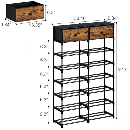 Tall Shoe Rack, 8 Tier Shoe Rack Organizer with 2 Large Drawers, Shoe Storage for 28-32 Pairs, Sturdy Metal Shoe Shelf Shoe Stand for Closet Entryway, Rustic Brown and Black - color: Rustic Brown and Black, size: 8 Tier