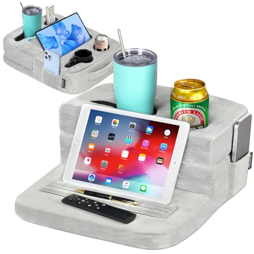 TabCouchCaddy - Couch Cup Holder Tray Pillow - Bed, Couch Caddy, Sofa, RV & Car - Holds Drinks, Snacks, Remotes, Phones, Kindle, Tablet | Bed Cup Holder (Grey) - color: Grey