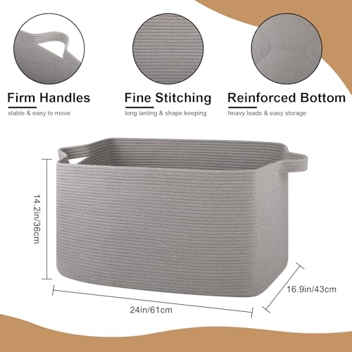 OIASKET Extra Large Blanket Basket, 24" x 16.9" x 14.2" Woven Storage Basket for Living Room, Rectangle Nursery Blanket Storage for Toys, Towels, Dirty Clothes (Light Grey) - color: Light Grey, size: 24"x16.9"x14.2"