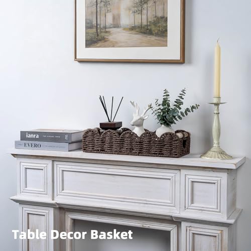 CubesLand Bathroom Basket Organizer w/Cut Out Handle, Back of Toilet Paper Storage Baskets Tray for Bathroom Countertop Decorative, Scalloped Wicker Basket Also for Home Decor, Living Room, Brown - color: Brown