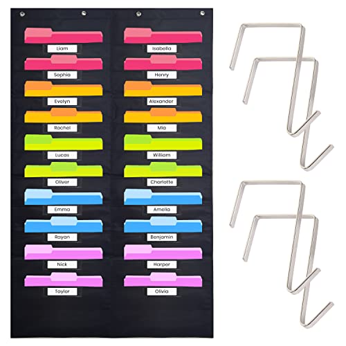 Hippo Creation Heavy Duty Storage Pocket Chart for Classroom, 20 Pocket Storage Organizer with 4 Over-Door Hangers, Hanging Wall Organizer for File Folders, School Mailbox, Home Office Papers - Black - color: Black - (20 Name Tag Pockets)