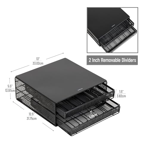 Mind Reader 2 Drawer Coffee Pod Organizer with Removable Dividers, 72 Pod Capacity, Metal Mesh Coffee Station Base with Guided Drawer Track, Black - style: Square 72 Capacity