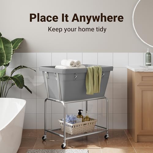 ELYKEN Rolling Laundry Hamper with Wheels, 32-Gallon (122L) Laundry Cart with Removable Bag, 2-Tier Clothes Basket Hamper with Shelf for Closet, Bedroom, Bathroom, Laundry Room, Gray - color: Gray, size: 27.4"L x 19.9"W x 30.9"H