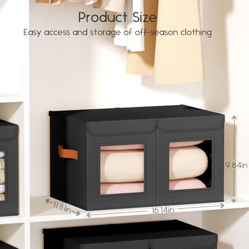 Homsorout Large Closet Storage Bins - Collapsible Divided Clothes Organizer with Lids & Dual Window, Fabric Organizing Bins for Clothes, Sweater, Bedroom, Office (Black, 2 Pack) - color: Black, size: L(2-Pack)