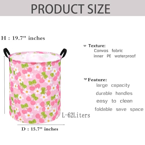 KUNRO Kids Laundry Hamper Clothes Gift Basket Storage Laundry Baskets Organizer Bin with Handles for Nursery Room (Pink Cherry) - color: Cherry