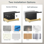 FORIOUS Toilet Paper Holder with Shelf, Adhesive or Screw Wall Mount Toilet Paper Roll Holder for Bathroom, Rustproof 304 Tissue Dispenser with Phone Shelf (1, Matte Black & Brushed Gold) - color: Matte Black & Brushed Gold