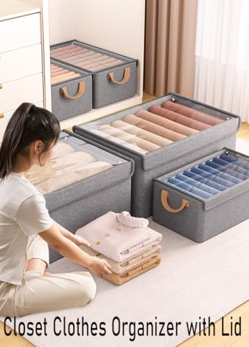 AARAINBOW Closet Clothes Organizer Bins 6 Pc, Fabric Box Storage Shelf Bins Stackable, Foldable Closet Shelf Storage Container with Lid, Fabric Storage Bin with Steel Frame, 23L (6 Gray with Lid) - color: 6 Gray with Lid