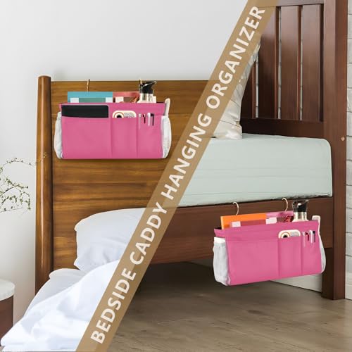 Neon Rose Red Bedside Caddy Storage Bag Bedside Organizer for Dorm Room Top Bunk Bed Hanging Bag Bedside Shelf 6 Pockets with Hooks for Magazine Water Bottle Holder - color: Neon Rose Red